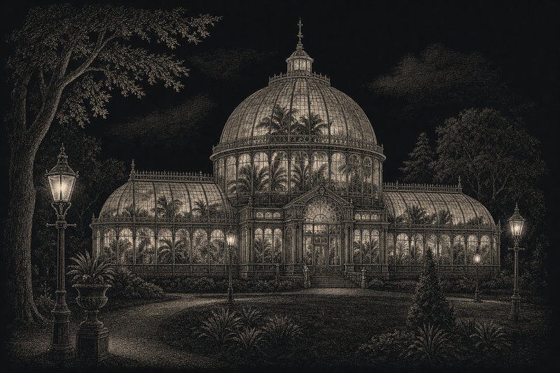 Engraved illustration of a domed Victorian glass palm house in a park at night