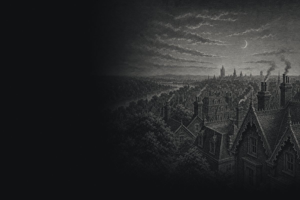 Engraved illustration of Victorian gables, mansard roofs and smoking chimneys at dusk, looking out over the treetops and a river valley toward the towers of the city under a crescent moon