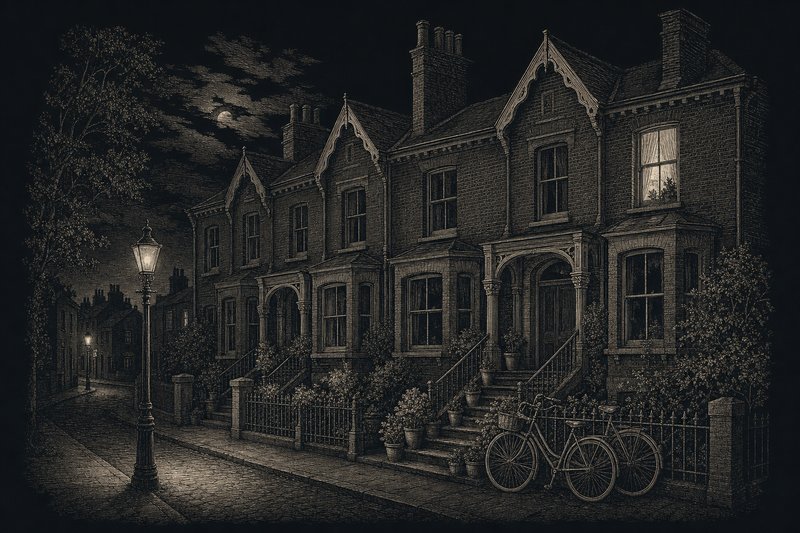 Engraved illustration of a row of Victorian brick houses with porches and bicycles on a quiet side street