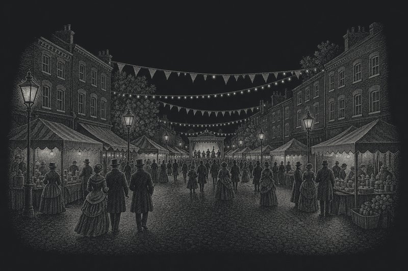 Engraved illustration of a Victorian high street during an evening festival, with bunting, strings of lights, market stalls and a crowd