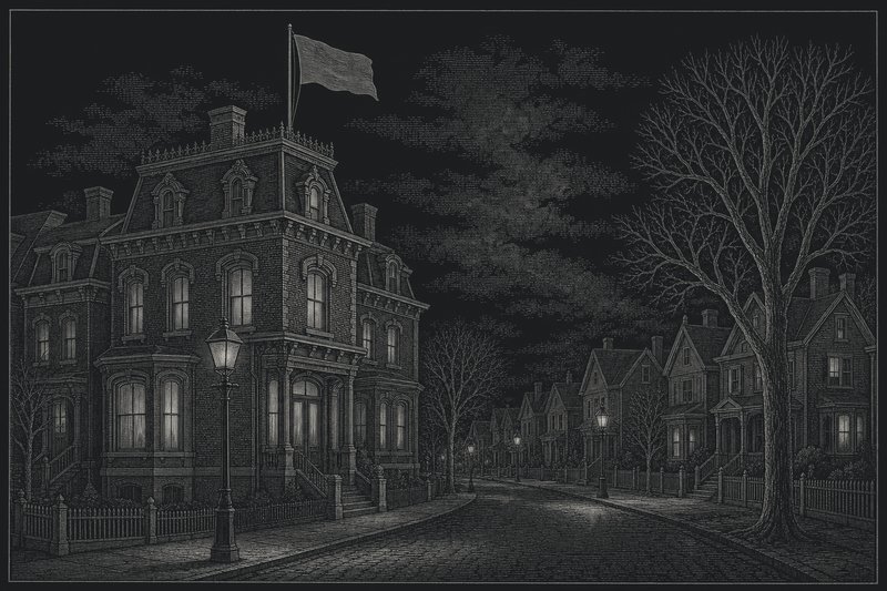 Engraved illustration of a plain flag flying above a Second Empire brick house on a lamplit street at night
