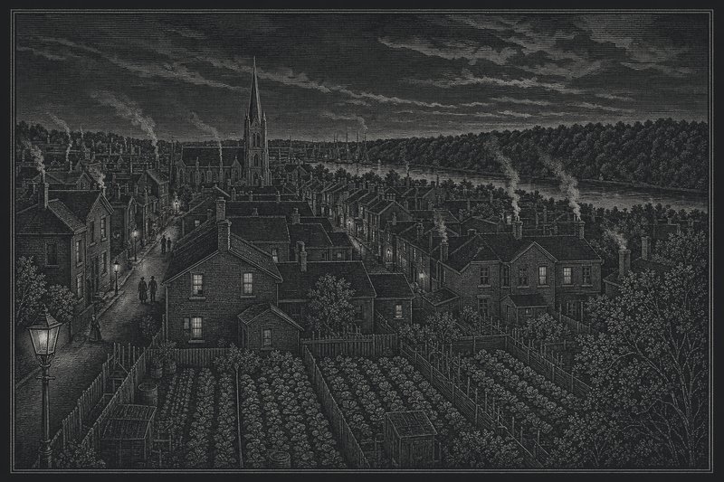 Engraved illustration of a nineteenth-century district of brick cottages with vegetable gardens, smoking chimneys and a church spire above a wooded valley