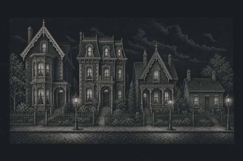 Engraved illustration of four Victorian house types side by side: bay-and-gable, Second Empire, a Gothic Revival cottage and a small workers’ cottage