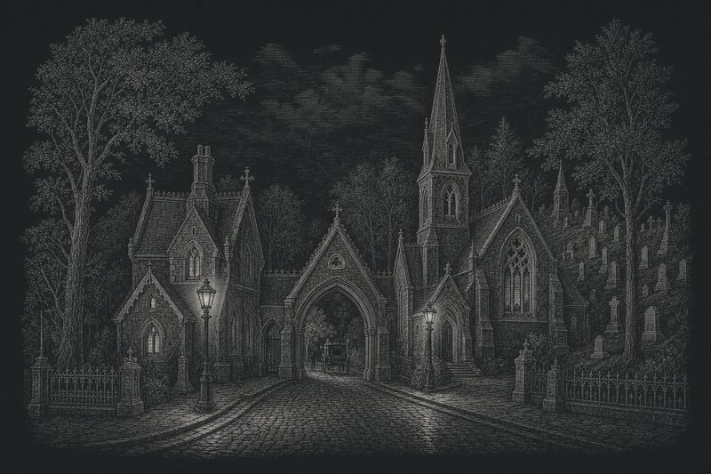 Engraved illustration of a Gothic Revival cemetery gate lodge, an arched carriage gate and a spired chapel at night