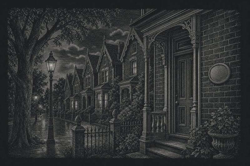 Engraved illustration of a Victorian front door with a small oval plaque beside it, on a lamplit street of gabled houses