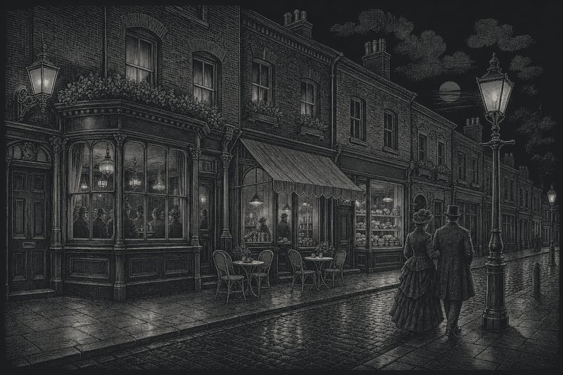 Engraved illustration of Victorian shopfronts at night: a lit pub window, a café awning with sidewalk tables and a couple walking past