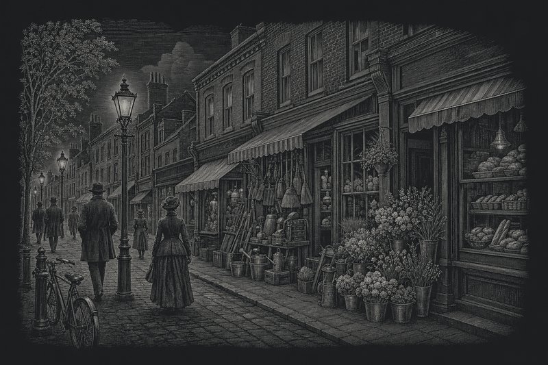 Engraved illustration of a Victorian shopping street with awnings, buckets of flowers outside a florist, a bakery window and a bicycle by a lamp post
