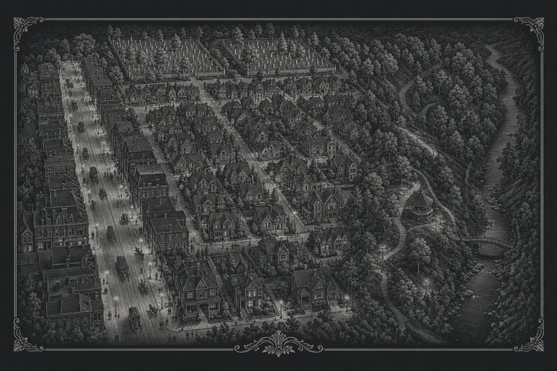 Engraved bird’s-eye view of a Victorian neighbourhood between a straight high street and a wooded river valley, with cemeteries along the top