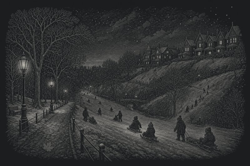 Engraved illustration of children tobogganing down a snowy valley slope at dusk, with Victorian houses along the top of the hill