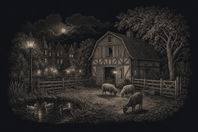 Engraved illustration of a small urban farm with a barn, sheep, a goat and a duck pond