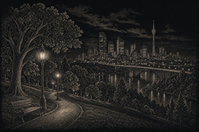 Engraved illustration of a park on a valley slope with a footpath, lamps and a city skyline across the valley