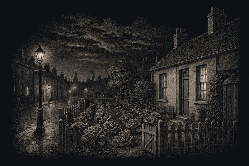 Engraved illustration of cabbages growing in the front yard of a small nineteenth-century cottage